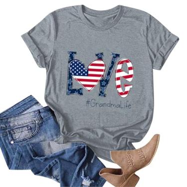 Imagem de Camisetas femininas com bandeira americana, manga curta, estampa Love Grandma Life, Dia da Independência, patriótico, casual, caimento solto, Cinza, XXG