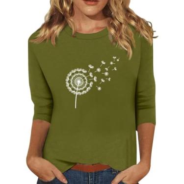 Imagem de Camiseta feminina gola redonda mangas 3/4, estampa dente-de-leão, solta, casual, moderna, túnica, Ag, XXG