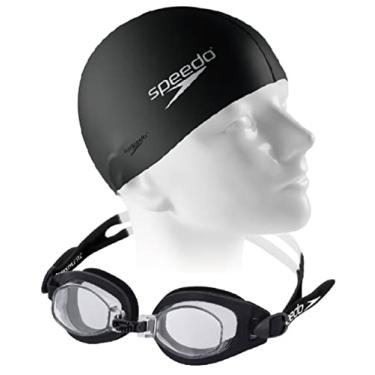 Imagem de Kit Natação Speedo Óculos Freestyle + Touca Flat Silicone a partir de 8 anos (óculos preto/transparente + touca)