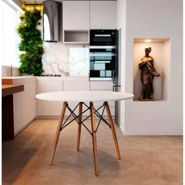 Imagem de Mesa Redonda de Jantar Eames Eiffel 110cm Branca Base Madeira Maciça
