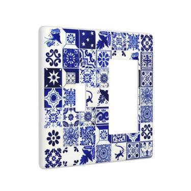 Imagem de Boho Mexican Tile 2 Gang Light Switch Cover Blue White Placa de Parede Decorativa 1-GFCI 1-Toggle Comb Placa de Comutação Elétrica para Decoração de Casa