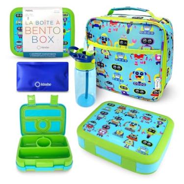 Imagem de Lancheira Bento kinsho e bolsa isolada, conjunto de garrafa de água e bolsa de gelo para crianças pequenas, 4 seções, bandeja removível, almoços pré-escolares, recipiente para lanches, robô