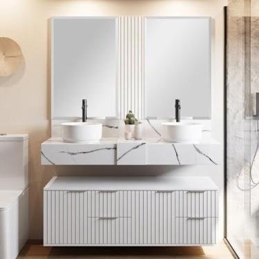 Imagem de Conjunto Para Banheiro Bancada Em Porcelanato Com Cuba De Apoio, Armário e Espelho Ripy 120cm Branco