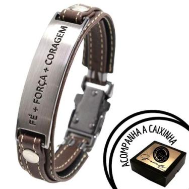 Imagem de Pulseira Masculina De Couro Fé Força Coragem Marrom - GRANADO ACESSÓRI