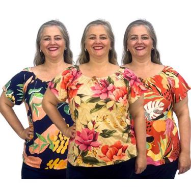Imagem de Kit 3 Blusas Plus Size Moda Ciganinha Ombro a Ombro Estampadas - Coali