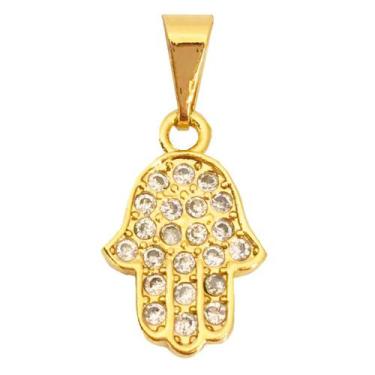 Imagem de Pingente Dourado Hamsá Mão de Fatima Zircônia Cravejada Banhado a Ouro