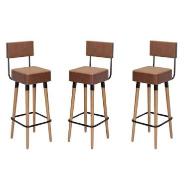 Imagem de Kit 03 Bancos Banquetas Pés Palito Barcelona material sintético Café -