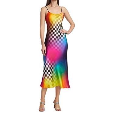 Imagem de BruceGlen Vestido feminino estampado de seda, Xadrez arco-íris, G