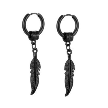 Imagem de Par brinco preto de pena black argola preta em aço inox penas punk roc