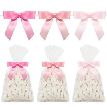 Imagem de JarThenaAMCS 50 unidades de sacos de celofane transparentes com laços rosados, sacos de presente de plástico para doces para festa em casa, embalagem de biscoitos doces