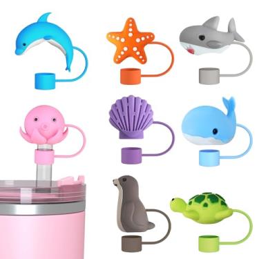 Imagem de Marine Animal Cute Straw Covers Cap for Stanley Cup, Straw Topper for 30&40 Oz Stanley Tumbler with Handle,10mm 0.4in Reusable Silicone Straw Tips Lids Dust-Proof Topper for Water Bottle 8pcs