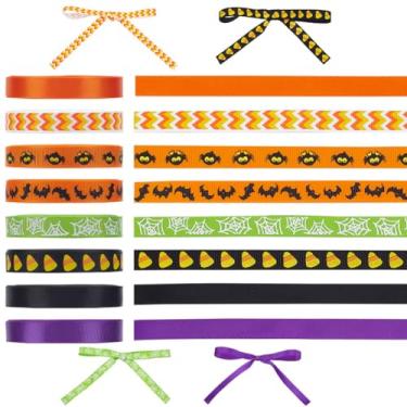 Imagem de PH PandaHall 40 metros fita de gorgorão laranja e preta, 8 rolos de 0,9 cm fitas decorativas de Halloween fantasma aranha impressa para laços faça você mesmo, embrulho de presente, artesanato de