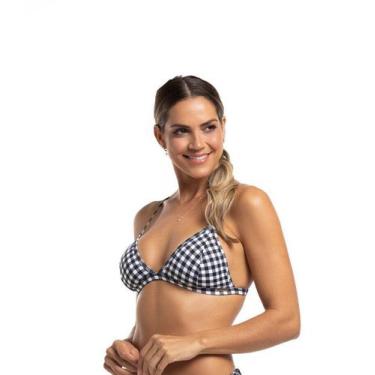 Imagem de Top Biquíni Cortininha Fixo Xadrez Vichy Preto - Cor de Cacau, GG, Xad