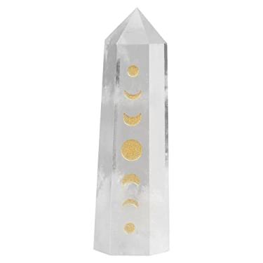 Imagem de Rockcloud Ponto de cristal gravado em fase da lua, pedra hexagonal de bolso para varinha de eclipse lunar para decoração de casa de meditação de Reiki, cristal de rocha