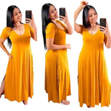 Imagem de Vestido longo gola v com fenda lateral - Neide modas, Mostarda, P