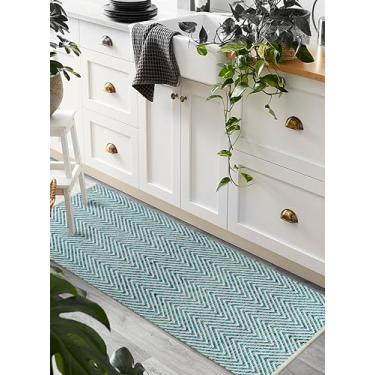 Imagem de The Beer Valley Chevron Tapete de corredor tecido à mão, 6 x 1,8 m - azul-petróleo, tapete lavável para casa de fazenda, para corredor, cozinha, sala de estar | Tapete verde boho para quarto de