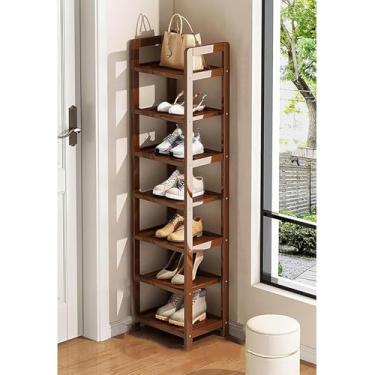 Imagem de Sapateira estreita de bambu vertical pequena prateleira de sapato de canto armazenamento de sapatos de madeira organizador de sapatos economia de espaço para armário banheiro varanda (30 cm L x 9,9 cm