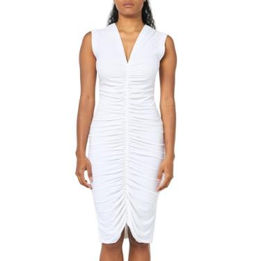 Imagem de Norma Kamali Vestido feminino sem mangas decote V profundo franzido frontal até o joelho, Branca de Neve, P