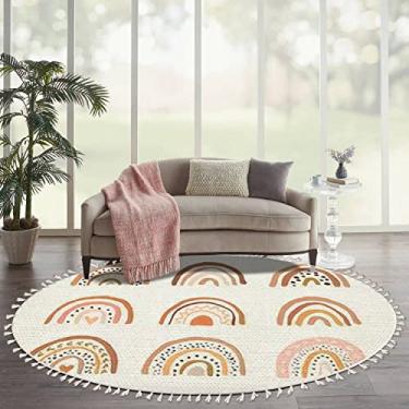 Imagem de Tapete Boho redondo arco-íris desenhados à mão conjunto fofo em cores pastel e terrosas tapete de área isolada tapete de linho tapete de pátio corredor tapete tapete almofada minimalista decoração de casa para sala de estar ao ar livre