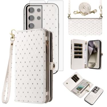 Imagem de Asuwish Capa de celular para Samsung Galaxy S24 Ultra 5G Carteira com zíper destacável com protetor de tela de vidro temperado, alça flip com glitter, compartimento para cartão S24Ultra 24S S 24