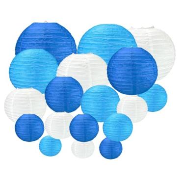 Imagem de Vilanca 18 peças de lanternas de papel chinesas japonesas, brancas, azuis, redondas, penduradas, 10 cm, 20 cm, 25 cm, decorações de festa de casamento para casamento, formatura, chá de bebê, artigos
