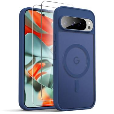 Imagem de Ikziwreo Capa magnética para Google Pixel 9 e 9 PRO XL, pacote com 2 protetores de tela, proteção total da câmera, capa protetora à prova de choque fosca translúcida, azul