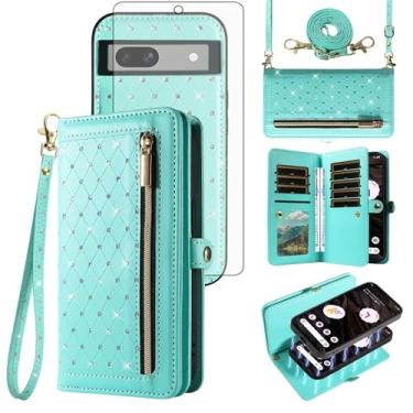 Imagem de Asuwish Capa de celular para Google Pixel 7A 5G 2023 com zíper carteira magnética destacável com protetor de tela de vidro temperado, alça transversal, flip brilhante, porta-cartões de crédito,