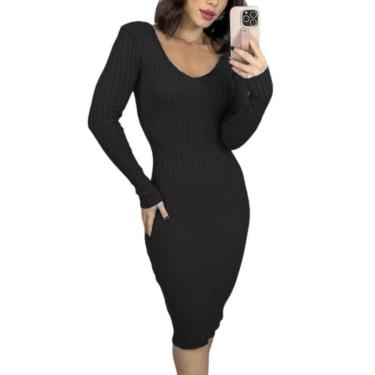 Imagem de Vestido feminino tricô quentinho Inverno manga longa-Feminino