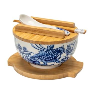 Imagem de Hinomaru Collection Tigela de macarrão de arroz estilo Kamameshi japonês, com tampa de bambu, pauzinhos e colher de porcelana (koi japonês)
