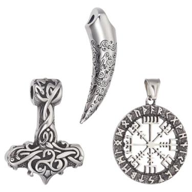 Imagem de UNICRAFTALE 3 pingentes de aço inoxidável estilo tibetano para homens estilo tibetano dente canino martelo de Thor redondo com pingente Vegvisir pingentes de prata antigos para fabricação de colar de