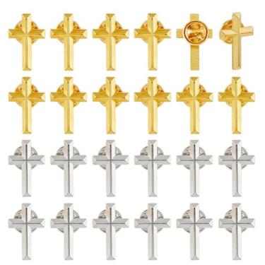 Imagem de SUPERFINDINGS Conjunto de 24 peças de alfinetes de lapela de cruz sacramental de ouro e prata com mochilas de segurança para uniformes de terno, chapéus de igreja, presentes para recepção de comunhão,