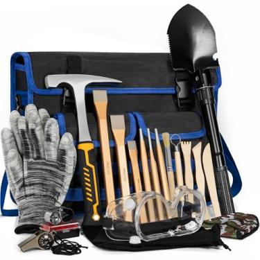 Imagem de LASUK Kit de 17 peças de martelo de palheta de rocha geológica, ferramenta de equipamento de mineração e prospecção de ouro, incluindo martelo de 946 ml e conjunto de 3 peças de cinzéis de escavação