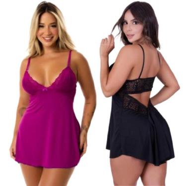 Imagem de Kit 2 Camisola Sensual Com Renda Feminina Decote Nas Costas Alças Ajus
