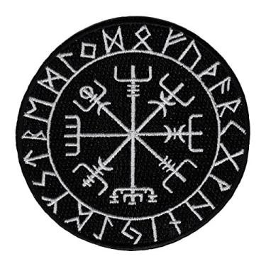 Imagem de Bússola Viking Bordado Preto Branco Vegvísir Ferro Marinho Norueguês