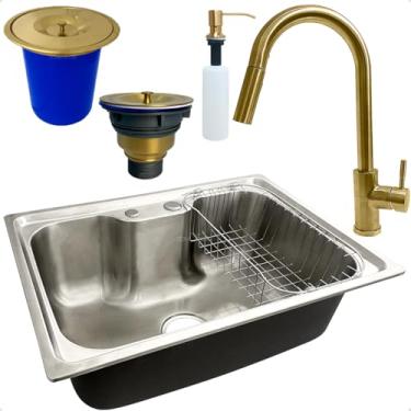 Imagem de Dona D cor, Cuba 60x42 Gourmet Inox 304 Torneira Alta Monocomando Dourada Lixeira De Embutir 5l Porta Detergente 500ml Valvula E Sifão Kit Cozinha Completa