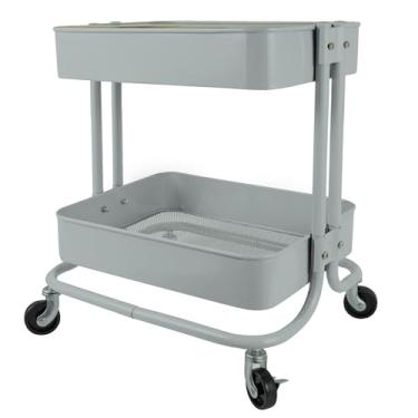 Imagem de PUNP Prateleiras de armazenamento em rolo de metal utilitário de 2 níveis com tábuas, Carrinho de armazenamento móvel, Dark Grey, 2-tier Planks