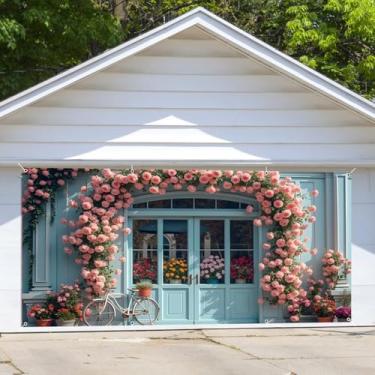 Imagem de Capa de porta de garagem primavera 2,1 x 4,9 m flores rosa decoração de porta de garagem banner azul vintage floral janela janela fotografia fundo grande primavera festa de aniversário decoração de