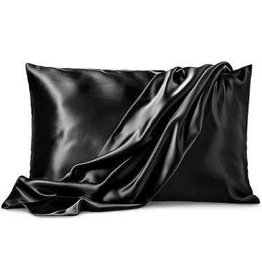 Imagem de Pure Bedding Pacote com 2 fronhas de cetim - King Size (50,8 cm x 101,6 cm, preto) - Fronhas de seda para cabelo e pele - Capas de almofada de cetim com fecho de envelope - Microfibra premium extra