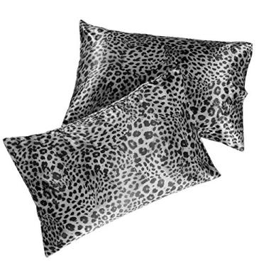 Imagem de Pacote com 2 fronhas de cetim - King Size (50,8 cm x 101,6 cm, leopardo prateado) - Fronhas de seda para cabelo e pele - Capas de almofada de cetim com fecho de envelope - Microfibra premium extra