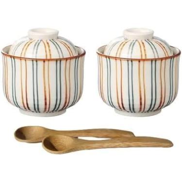 Imagem de Copos de porcelana japonesa Chawan-mushi com tampa e colher, 8 cm de diâmetro x H3,15 Padrão Tokusa de duas cores, Mino Ware, conjunto de 2 (Tokusa S)