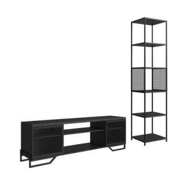 Imagem de Conjunto Sala de Estar Estilo Industrial Rack Estante Preto - Placa e 