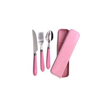 Imagem de Jogo Talher Colher 3pc Inox Estojo Garfo Faca Marmita Viagem(Jogo de talher - ROSA)