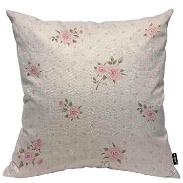 Imagem de HOSNYE Capa de almofada floral com fundo de bolinhas de algodão e linho com padrão de estilo chique gasto com rosas rosa capa de almofada para sofá de casa decorativa 45,7 x 45,7 cm