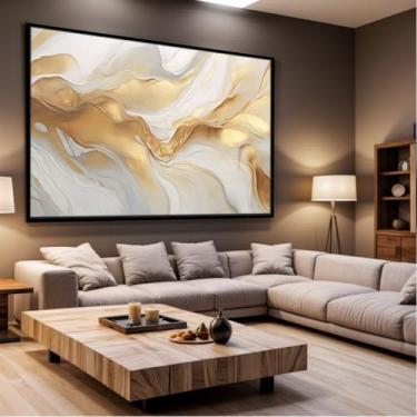 Imagem de Quadro Decorativo com Moldura Sala 90x60 Abstrato Dourado Branco Mármore Luxo Grande Horizontal