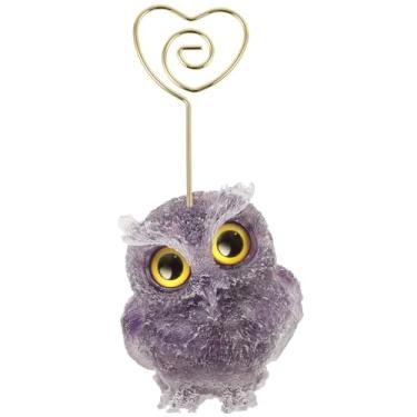 Imagem de rockcloud Porta-cartões de mesa de coruja de cristal de ametista natural em forma de coração, animais fofos, resina para decoração de casamento, casa, escritório