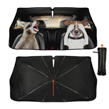 Imagem de Guarda-sol engraçado guaxinim cachorro para-brisa guarda-sol para carros 144.8 cm x 76.2 cm capa de guarda-sol carro acessórios blocos raios UV manter o veículo fresco