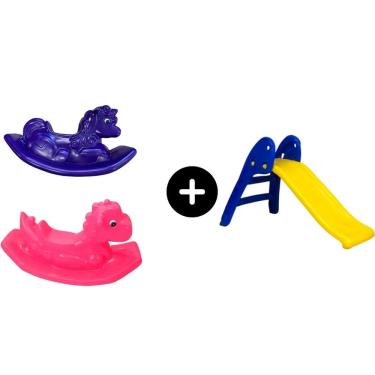 Imagem de Escorregador Baby Infantil Amarelo c/ Azul + Dino Rosa + Unicornio Roxo para a diversão de meninas e garotas legal divertido seguro