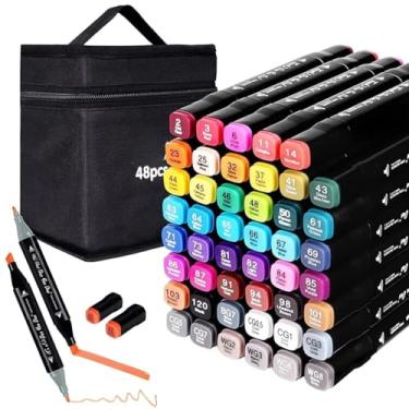 Imagem de Kit 48 Canetinhas Coloridas Marcador Permanente Ponta Dupla 0,1 e 6,0mm Codificadas Por Cor Secagem Rápida Criança Estudante Artista Profissional Designer