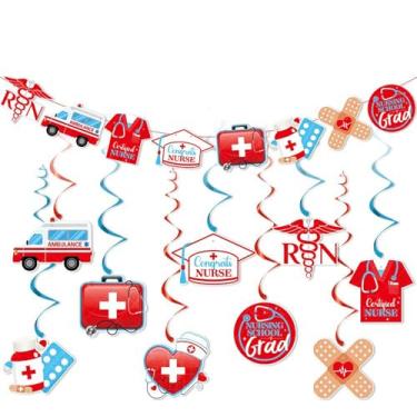 Imagem de 10 peças 2025 Enfermeira Formatura Decorações de Festa Parabéns Enfermeira Enfermeira Escola Ambulância Banner Enfermeira Grad Pendurado Redemoinhos Médica Enfermeira Festa Enfermeira Formatura