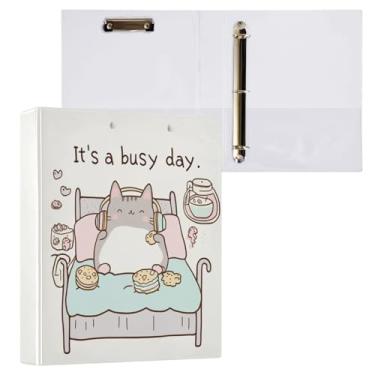 Imagem de Fichário de 3 anéis de gato fofo e engraçado com desenho animado Happy Kitty 3,8 cm decorativo com prancheta e 3 bolsos transparentes, comporta 200 folhas de papel tamanho A4 fichários à prova d'água
